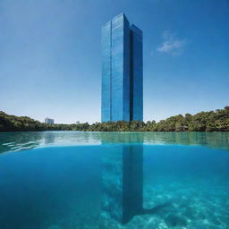 A towering skyscraper gradually sinking into a vast body of transparent blue water, showcasing a surreal blend of architecture and nature.