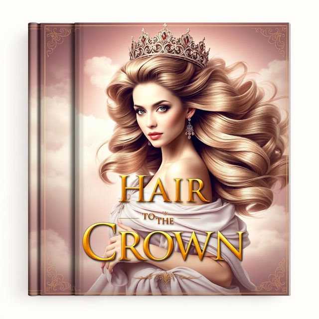 An elegant book cover design featuring a regal and glamorous woman with flowing, voluminous hair that resembles a magnificent crown, incorporating elements of royalty and beauty