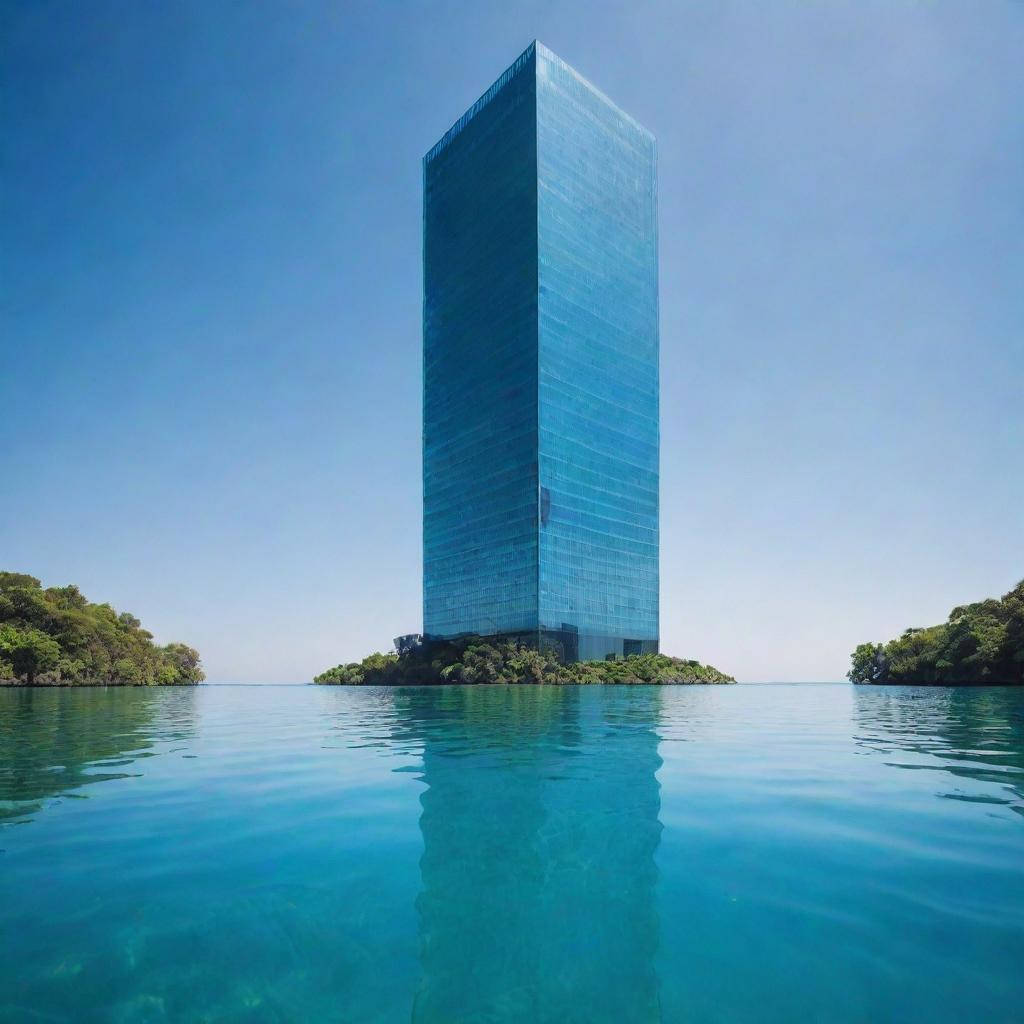 A towering skyscraper gradually sinking into a vast body of transparent blue water, showcasing a surreal blend of architecture and nature.