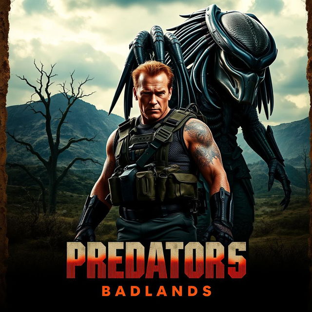 A thrilling teaser poster for Predator 6: Badlands, featuring Arnold Schwarzenegger prominently in the foreground, showcasing his iconic strong physique and rugged appearance