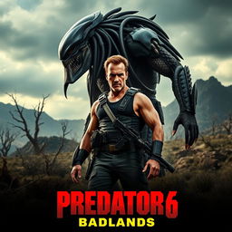 A thrilling teaser poster for Predator 6: Badlands, featuring Arnold Schwarzenegger prominently in the foreground, showcasing his iconic strong physique and rugged appearance