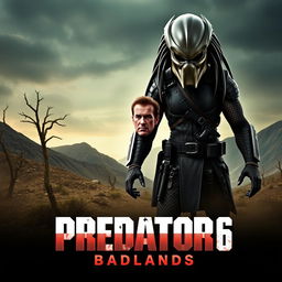 A thrilling teaser poster for Predator 6: Badlands, featuring Arnold Schwarzenegger prominently in the foreground, showcasing his iconic strong physique and rugged appearance