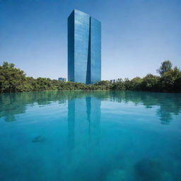 A towering skyscraper gradually sinking into a vast body of transparent blue water, showcasing a surreal blend of architecture and nature.