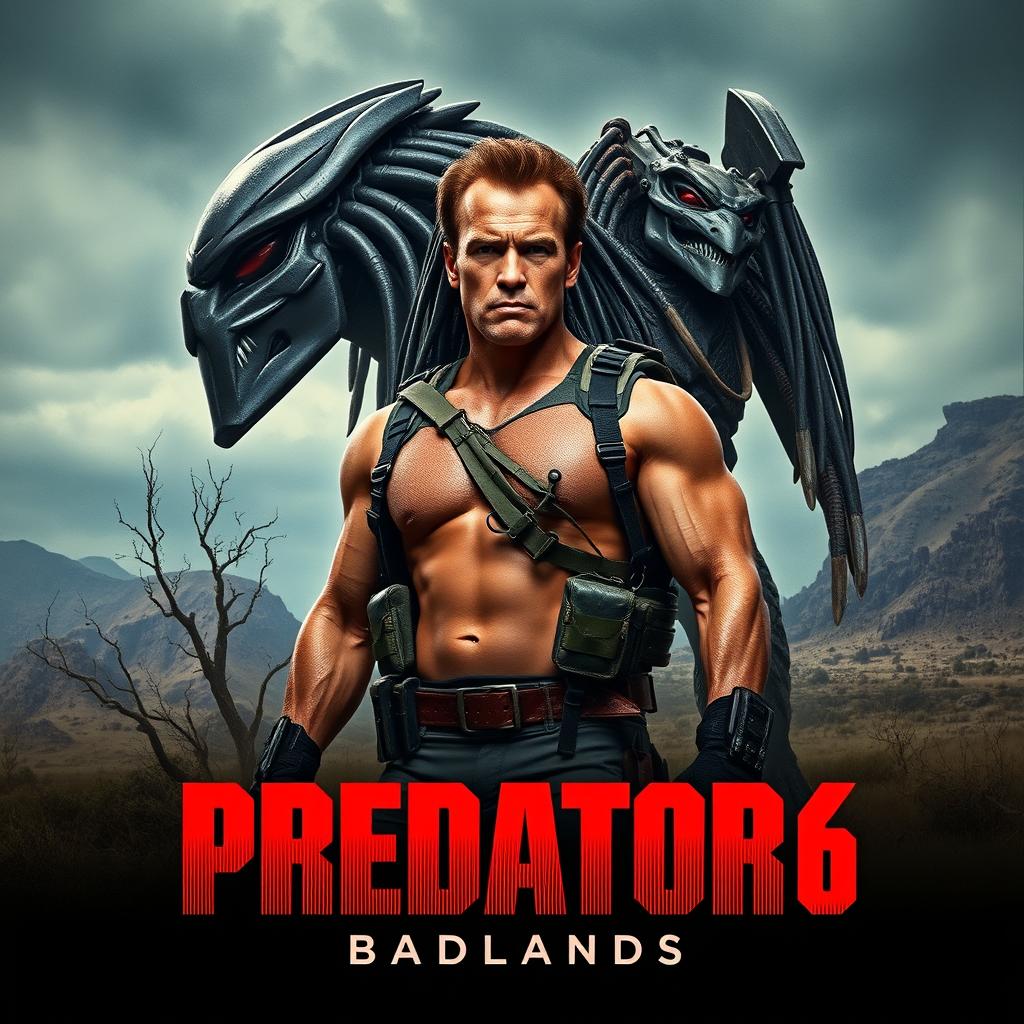 A thrilling teaser poster for Predator 6: Badlands, featuring Arnold Schwarzenegger prominently in the foreground, showcasing his iconic strong physique and rugged appearance