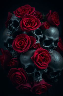A striking composition featuring dark, detailed skulls intertwined with vibrant red roses