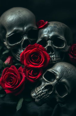 A striking composition featuring dark, detailed skulls intertwined with vibrant red roses