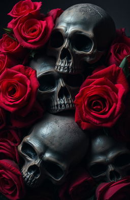 A striking composition featuring dark, detailed skulls intertwined with vibrant red roses