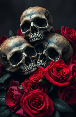 A striking composition featuring dark, detailed skulls intertwined with vibrant red roses