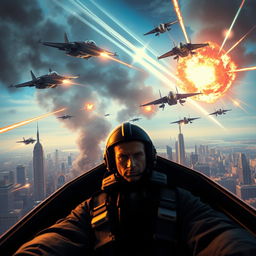 A thrilling teaser scene showcasing an epic aerial battle between advanced alien spacecraft and Earth’s fighter jets over a major city skyline