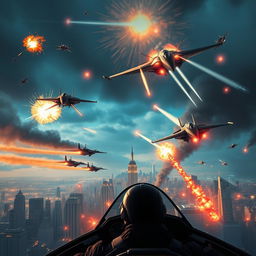A thrilling teaser scene showcasing an epic aerial battle between advanced alien spacecraft and Earth’s fighter jets over a major city skyline