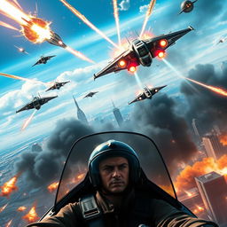 A thrilling teaser scene showcasing an epic aerial battle between advanced alien spacecraft and Earth’s fighter jets over a major city skyline