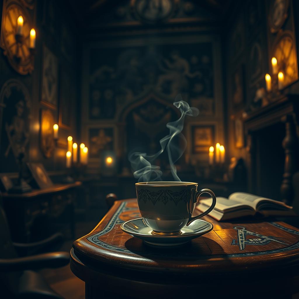 A captivating and atmospheric scene featuring a beautifully crafted cup of aromatic tea placed on an ornate wooden table within a mysterious Masonic lodge