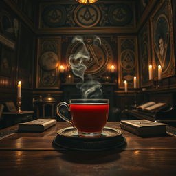 A captivating and atmospheric scene featuring a beautifully crafted cup of aromatic tea placed on an ornate wooden table within a mysterious Masonic lodge