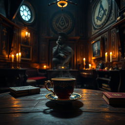 A captivating and atmospheric scene featuring a beautifully crafted cup of aromatic tea placed on an ornate wooden table within a mysterious Masonic lodge