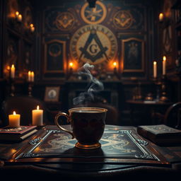 A captivating and atmospheric scene featuring a beautifully crafted cup of aromatic tea placed on an ornate wooden table within a mysterious Masonic lodge