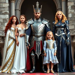 A regal scene featuring a king dressed as a warrior in elaborate armor, exuding authority and strength