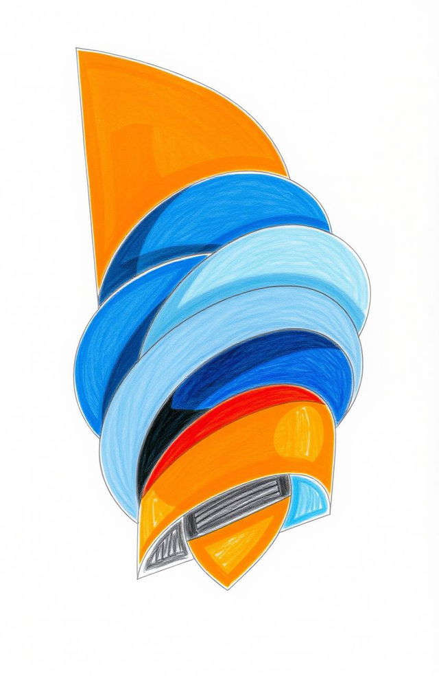 A two-dimensional drawing that gives the illusion of three-dimensionality, featuring bold geometric shapes layered together, with a vibrant color palette that includes deep blues, bright oranges, and contrasting white highlights