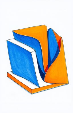 A two-dimensional drawing that gives the illusion of three-dimensionality, featuring bold geometric shapes layered together, with a vibrant color palette that includes deep blues, bright oranges, and contrasting white highlights