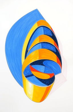 A two-dimensional drawing that gives the illusion of three-dimensionality, featuring bold geometric shapes layered together, with a vibrant color palette that includes deep blues, bright oranges, and contrasting white highlights