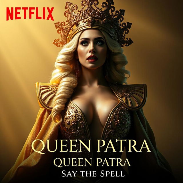 A visually striking movie poster titled 'Queen Patra', featuring a glamorous portrayal of Lady Gaga as a queen