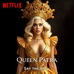 A visually striking movie poster titled 'Queen Patra', featuring a glamorous portrayal of Lady Gaga as a queen
