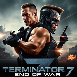 A thrilling teaser poster for TERMINATOR 7: End Of War, featuring John Cena and Arnold Schwarzenegger prominently