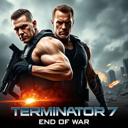 A thrilling teaser poster for TERMINATOR 7: End Of War, featuring John Cena and Arnold Schwarzenegger prominently