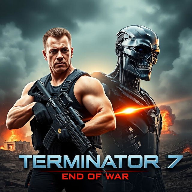 A thrilling teaser poster for TERMINATOR 7: End Of War, featuring John Cena and Arnold Schwarzenegger prominently