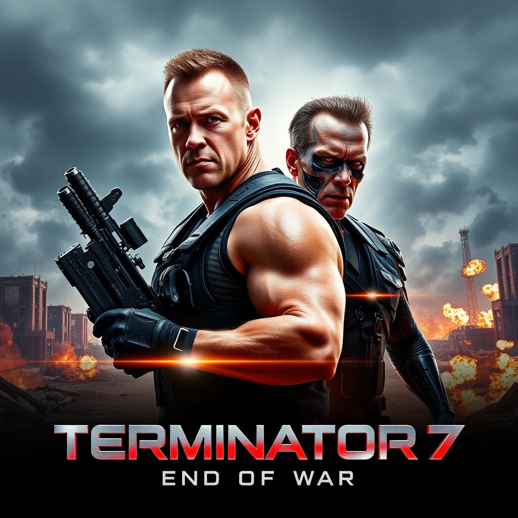 A thrilling teaser poster for TERMINATOR 7: End Of War, featuring John Cena and Arnold Schwarzenegger prominently