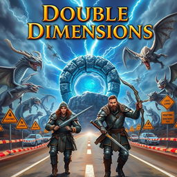A captivating book cover for the title 'Double Dimensions', featuring a striking blue breach or portal at the center, with a rugged stone base and a textured circumference