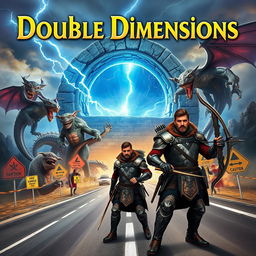 A captivating book cover for the title 'Double Dimensions', featuring a striking blue breach or portal at the center, with a rugged stone base and a textured circumference