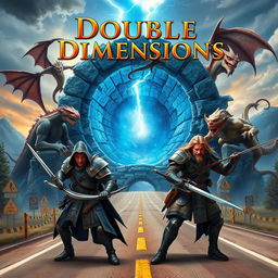 A captivating book cover for the title 'Double Dimensions', featuring a striking blue breach or portal at the center, with a rugged stone base and a textured circumference