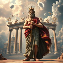 A panoramic and elaborate portrayal of Janus, the two-faced god of ancient Roman mythology in a widescreen format