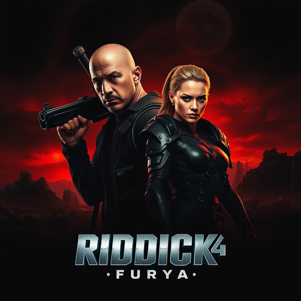 An intense teaser poster for RIDDICK 4: Furya, featuring Vin Diesel as Riddick and Katee Sackhoff alongside him