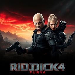 An intense teaser poster for RIDDICK 4: Furya, featuring Vin Diesel as Riddick and Katee Sackhoff alongside him