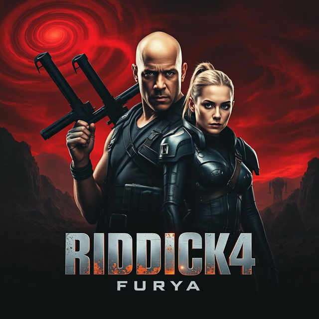 An intense teaser poster for RIDDICK 4: Furya, featuring Vin Diesel as Riddick and Katee Sackhoff alongside him