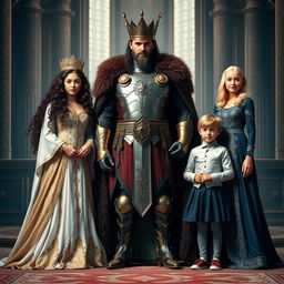 A majestic scene depicting a regal king dressed as a fierce warrior, standing confidently in the center