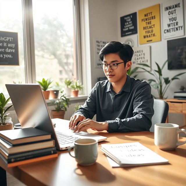 A creative and engaging scene depicting a person using ChatGPT on a sleek laptop in a modern home office, surrounded by inspiring decor