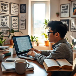 A creative and engaging scene depicting a person using ChatGPT on a sleek laptop in a modern home office, surrounded by inspiring decor