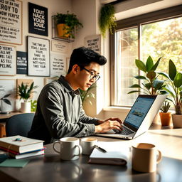 A creative and engaging scene depicting a person using ChatGPT on a sleek laptop in a modern home office, surrounded by inspiring decor