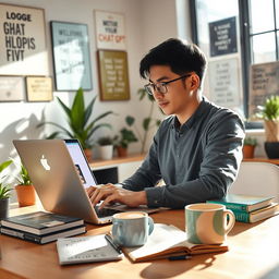 A creative and engaging scene depicting a person using ChatGPT on a sleek laptop in a modern home office, surrounded by inspiring decor