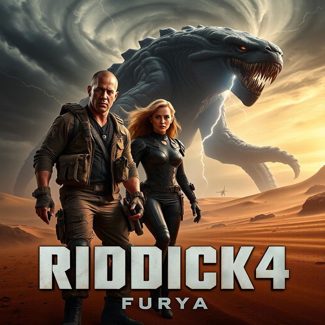 An exciting teaser poster for RIDDICK 4: Furya, featuring Vin Diesel as Riddick and Katee Sackhoff alongside him