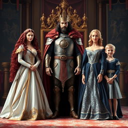 A royal scene depicting a king dressed as a warrior standing proudly in the center, flanked by two queens