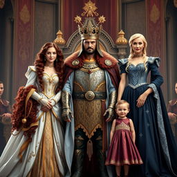 A royal scene depicting a king dressed as a warrior standing proudly in the center, flanked by two queens