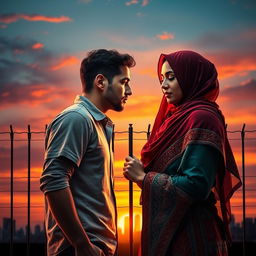 An American man and a Muslim woman in a dramatic, romantic setting representing their battle for love amidst cultural differences