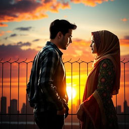 An American man and a Muslim woman in a dramatic, romantic setting representing their battle for love amidst cultural differences