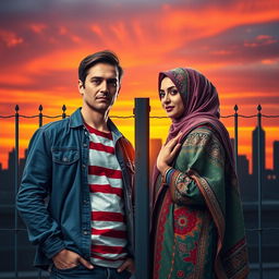 An American man and a Muslim woman in a dramatic, romantic setting representing their battle for love amidst cultural differences