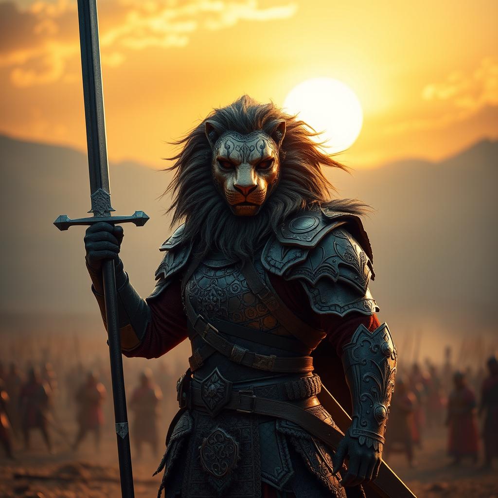 A fierce warrior dressed in intricate armor, wearing a majestic lion mask that exudes strength and nobility