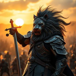 A fierce warrior dressed in intricate armor, wearing a majestic lion mask that exudes strength and nobility