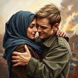 An oil painting depicting an American man and a Muslim woman, passionately embracing amidst a backdrop of conflict